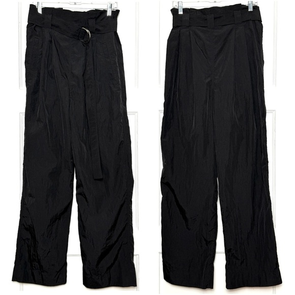 GANNI 90s D-Ring Cinch Belt Pleated High Waist Wide Leg Black Tech Nylon Pants L - Picture 3 of 6